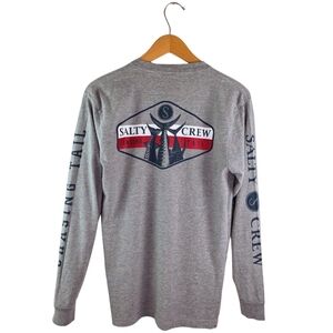 Salty Crew Men Size Medium Gray Long Sleeve Shirt Fishing Ocean Blue Red White